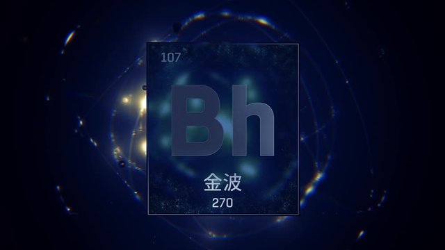 Bohrium as Element 107 of the Periodic Table. Seamlessly looping 3D animation on blue illuminated atom design background orbiting electrons name, atomic weight element number in Chinese language