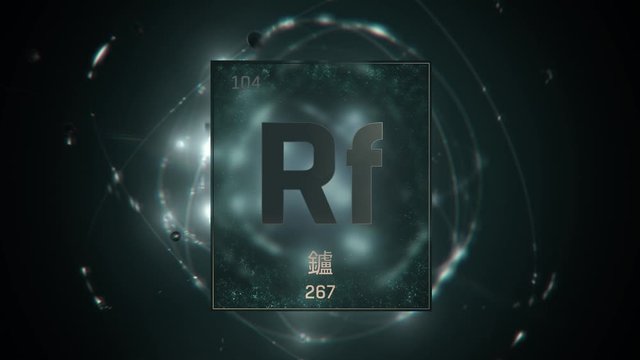 Rutherfordium as Element 104 of the Periodic Table. Seamlessly looping 3D animation on green illuminated atom design background orbiting electrons name atomic weight element number in Chinese language