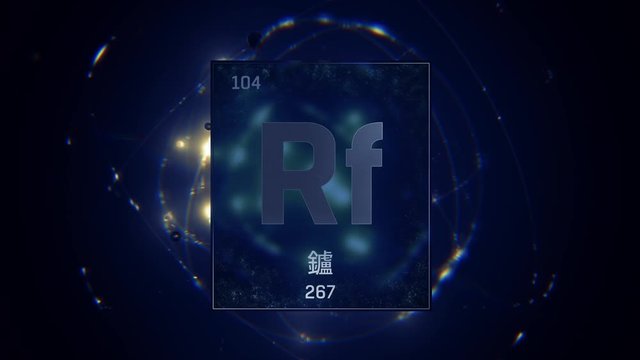 Rutherfordium as Element 104 of the Periodic Table. Seamlessly looping 3D animation on blue illuminated atom design background orbiting electrons name, atomic weight element number in Chinese language