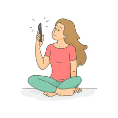 A blogger taking a photo for a social media post, an isolated female character, an EPS vector image