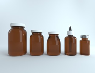 Set of drug dark medical bottles. Mockup Template of medicine packaging for pills, capsule, drugs, vitamins, oil,serum. Sports and health life supplements. 3D rendering. 3D Mock up for your design.  