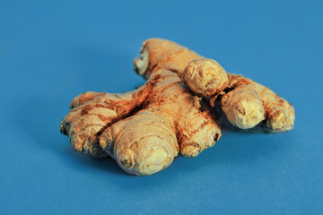 Ginger root close-up on a blue background. Food concept on blue background.