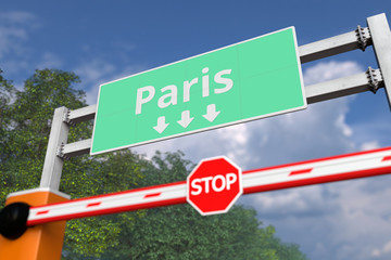 Closed boom barrier near Paris, France road sign. Coronavirus or some other disease quarantine related 3D rendering