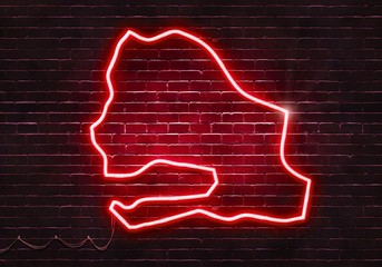 Neon sign on a brick wall in the shape of Senegal.(illustration series)