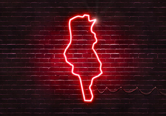 Neon sign on a brick wall in the shape of Tunisia.(illustration series)