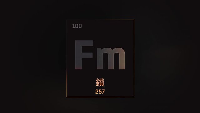 Fermium as Element 100 of the Periodic Table. Seamlessly looping 3D animation on grey illuminated atom design background orbiting electrons name, atomic weight element number in Chinese language