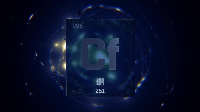Californium as Element 98 of the Periodic Table. Seamlessly looping 3D animation on blue illuminated atom design background orbiting electrons name, atomic weight element number in Chinese language