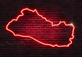 Neon sign on a brick wall in the shape of El Salvador.(illustration series)