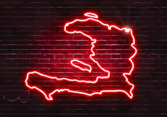 Neon sign on a brick wall in the shape of Haiti.(illustration series)