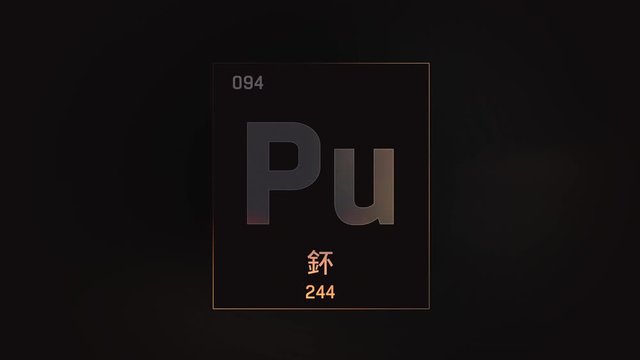 Plutonium as Element 94 of the Periodic Table. Seamlessly looping 3D animation on grey illuminated atom design background orbiting electrons name, atomic weight element number in Chinese language
