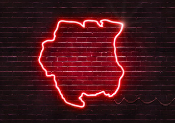 Neon sign on a brick wall in the shape of Suriname.(illustration series)