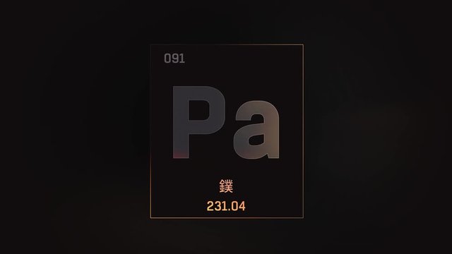 Protactinium as Element 91 of the Periodic Table. Seamlessly looping 3D animation on grey illuminated atom design background orbiting electrons name, atomic weight element number in Chinese language