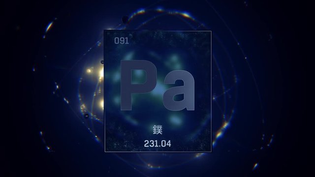 Protactinium as Element 91 of the Periodic Table. Seamlessly looping 3D animation on blue illuminated atom design background orbiting electrons name, atomic weight element number in Chinese language