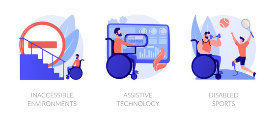 Handicapped people accessibility flat icons set. Disabled activity. Inaccessible environments, assistive technology, disabled sports metaphors. Vector isolated concept metaphor illustrations.