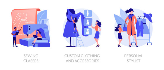 Fashion design flat icons set. Dressmaker course, tailor atelier. Sewing classes, custom clothing and accessories, personal stylist metaphors. Vector isolated concept metaphor illustrations.