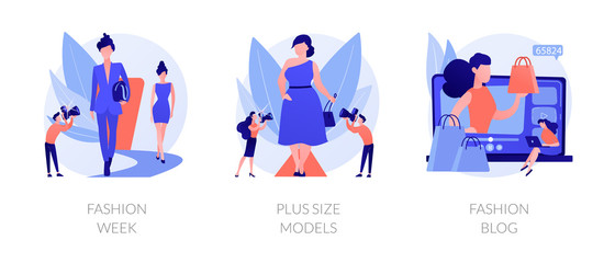 Women clothes design flat icons set. Beauty blogger, women apparel vlog, couture clothing. Fashion week, plus size models, fashion blog metaphors. Vector isolated concept metaphor illustrations.