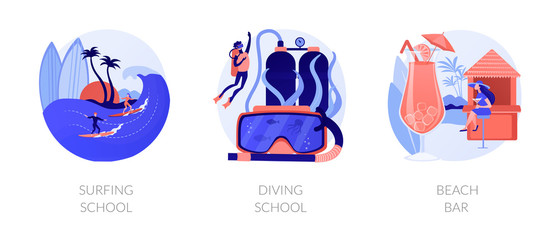 Sea resort recreation flat icons set. Underwater sport, extreme hobby, summertime leisure. Surfing school, diving school, beach bar metaphors. Vector isolated concept metaphor illustrations.