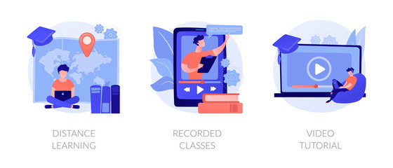 Home education, remote university graduation, online educational materials icons set. Distance learning, recorded classes, video tutorial metaphors. Vector isolated concept metaphor illustrations