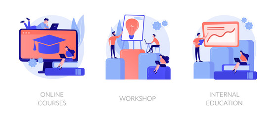 Internet video seminar, business school graduation, corporate training classes icons set. Online courses, workshop, internal education metaphors. Vector isolated concept metaphor illustrations