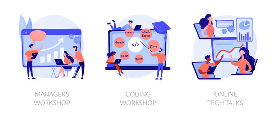 Business management coaching, programming courses, technical support icons set. Managers workshop, coding workshop, online tech talks metaphors. Vector isolated concept metaphor illustrations