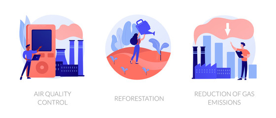 Fototapeta premium Environment protection measures, flora restoration, atmosphere purification. Air Quality control, reforestation, reduction of gas emissions metaphors. Vector isolated concept metaphor illustrations.