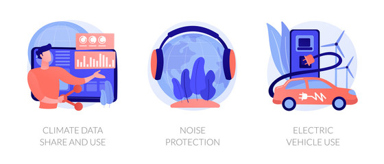 Climate data share and use, noise protection, electric vehicle use. Metcast information spread, nature defence, eco friendly transport metaphors. Vector isolated concept metaphor illustrations.