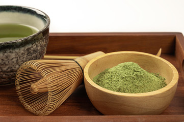 Matcha green tea set in wooden tray on white background.