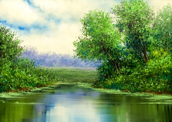 Fototapeta na wymiar Digital paintings landscape, lake in the forest. Fine art.