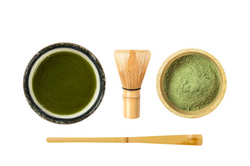 Set of Matcha green tes isolated on white background .top view