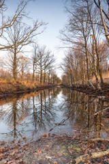 Silhouettes landscape view sunset Water reflection, a canal in a large nature reserve, Fochteloerveen, The Netherlands