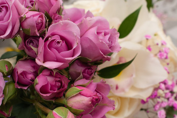 Pink Bush roses close up in the wedding bouquet.Selective focus.