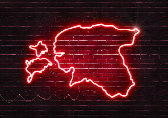 Neon sign on a brick wall in the shape of Estonia.(illustration series)