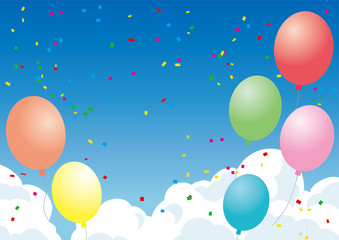 Blue sky with balloons. Iraq with clouds, confetti background