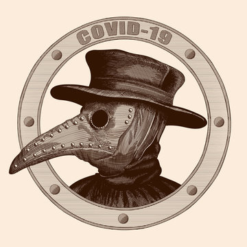 A plague doctor in a mask with a long beak and hat. Vector image stylized as engraving.