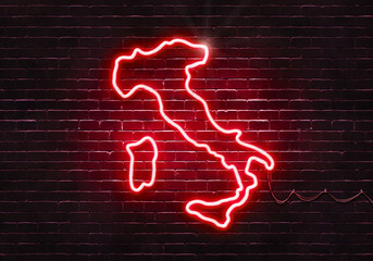 Neon sign on a brick wall in the shape of Italy.(illustration series)