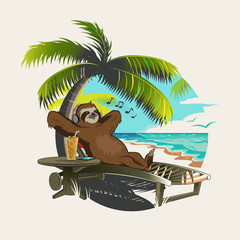 Lazy Sloth animal take a rest and having a cold drink at the beach. © creativica