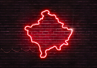 Neon sign on a brick wall in the shape of Kosovo.(illustration series)
