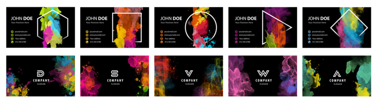 Black business card template set with colorful vector watercolor background and geometric frame © Eva Kali