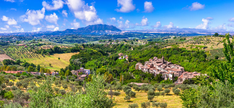 Casperia Rieti Italy High Resolution. 11000px wide panorama of hilltop medieval borgo town surrounded by olive trees. Authentic hidden gems Sabina landscape asset. Old World architecture print