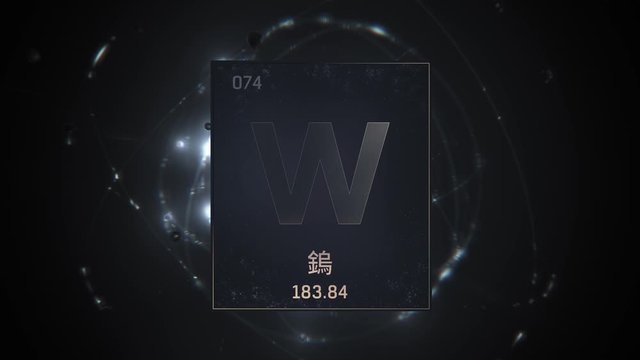 Tungsten as Element 74 of the Periodic Table. Seamlessly looping 3D animation on silver illuminated atom design background orbiting electrons name, atomic weight element number in Chinese language