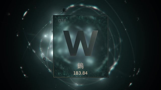Tungsten as Element 74 of the Periodic Table. Seamlessly looping 3D animation on green illuminated atom design background orbiting electrons name, atomic weight element number in Chinese language