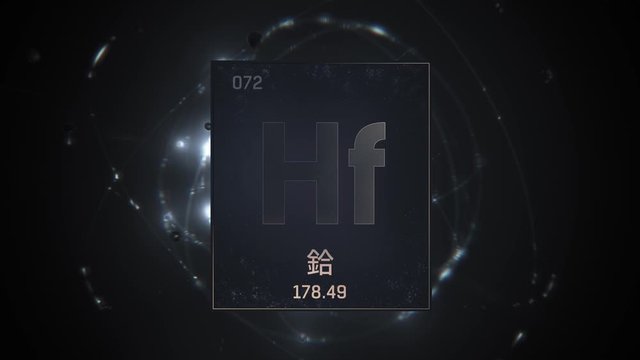 Hafnium as Element 72 of the Periodic Table. Seamlessly looping 3D animation on silver illuminated atom design background orbiting electrons name, atomic weight element number in Chinese language