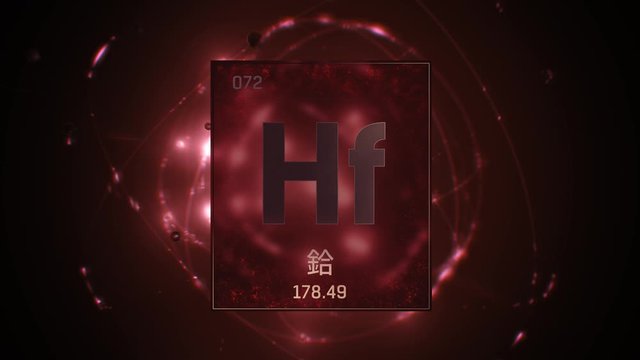 Hafnium as Element 72 of the Periodic Table. Seamlessly looping 3D animation on red illuminated atom design background orbiting electrons name, atomic weight element number in Chinese language
