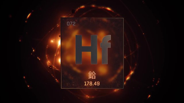 Hafnium as Element 72 of the Periodic Table. Seamlessly looping 3D animation on orange illuminated atom design background orbiting electrons name, atomic weight element number in Chinese language