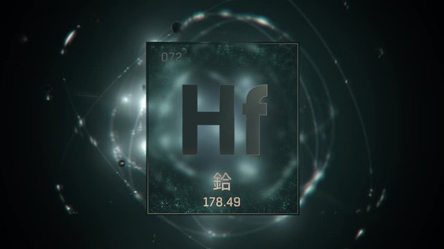 Hafnium as Element 72 of the Periodic Table. Seamlessly looping 3D animation on green illuminated atom design background orbiting electrons name, atomic weight element number in Chinese language