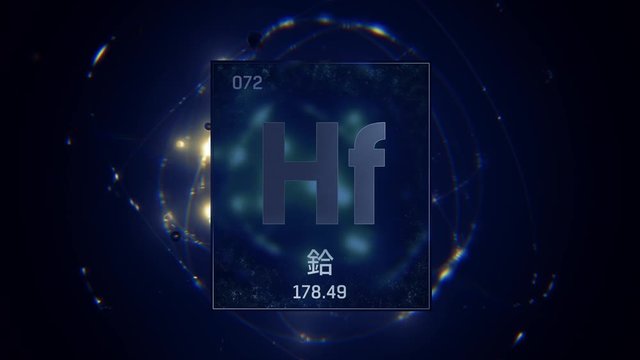 Hafnium as Element 72 of the Periodic Table. Seamlessly looping 3D animation on blue illuminated atom design background orbiting electrons name, atomic weight element number in Chinese language
