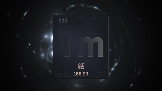 Thulium as Element 69 of the Periodic Table. Seamlessly looping 3D animation on silver illuminated atom design background orbiting electrons name, atomic weight element number in Chinese language