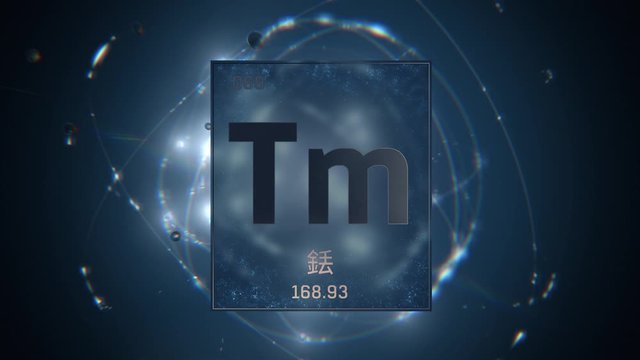 Thulium as Element 69 of the Periodic Table. Seamlessly looping 3D animation on blue illuminated atom design background orbiting electrons name, atomic weight element number in Chinese language