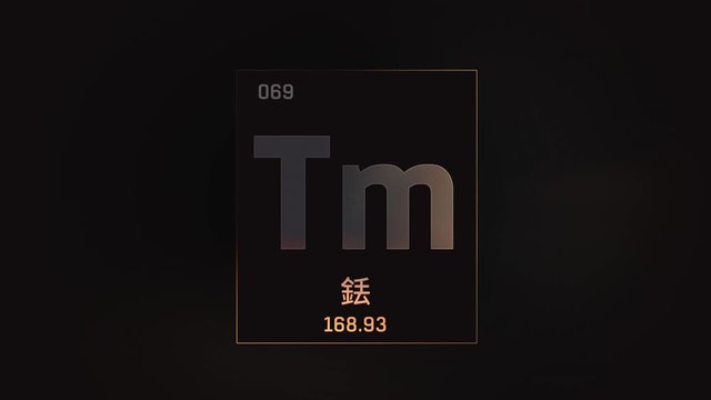 Thulium as Element 69 of the Periodic Table. Seamlessly looping 3D animation on grey illuminated atom design background orbiting electrons name, atomic weight element number in Chinese language