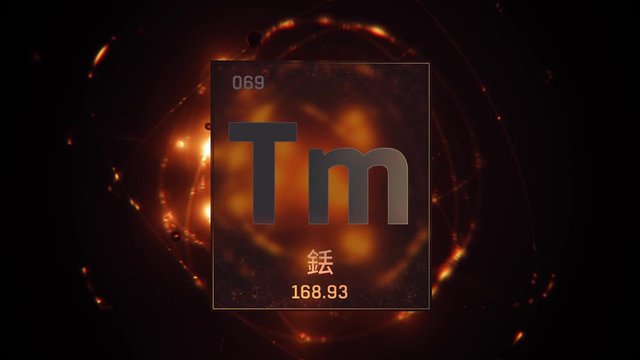 Thulium as Element 69 of the Periodic Table. Seamlessly looping 3D animation on orange illuminated atom design background orbiting electrons name, atomic weight element number in Chinese language